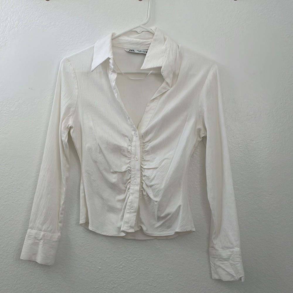 White y2k button down ruched front
